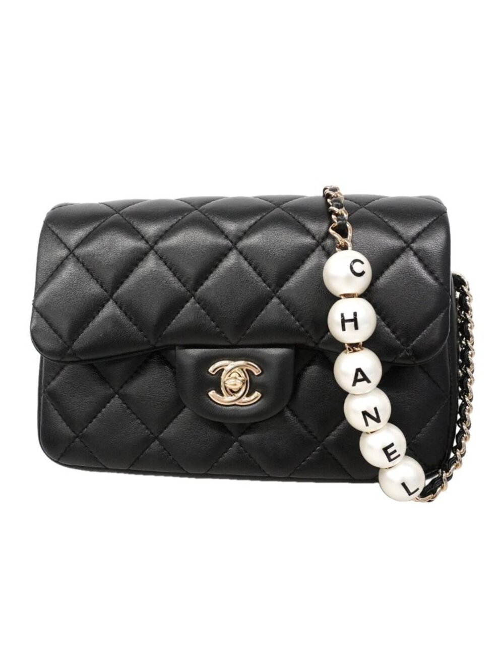 Chanel Shoulder Bag Mini Quilted Lambskin Black Champagne Gold